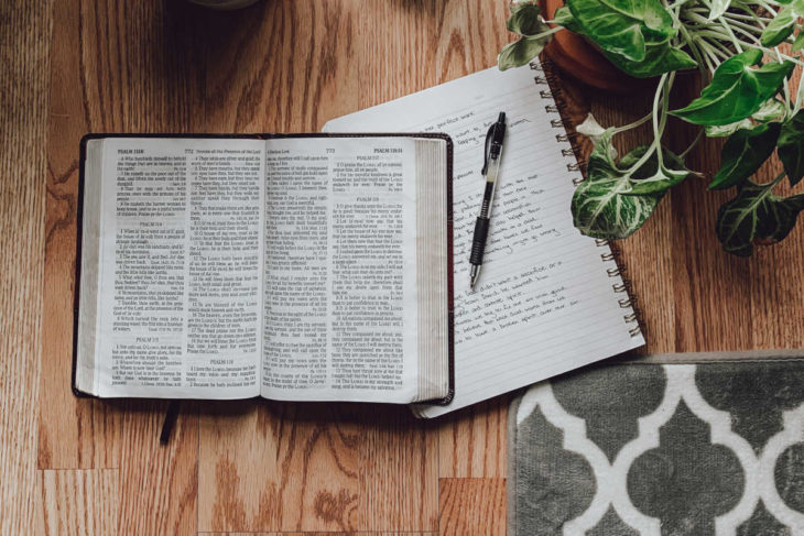 Bíblia e planta sobre a mesa